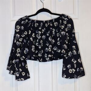Love Navy Blue Floral Bell Sleeve Crop Top XS